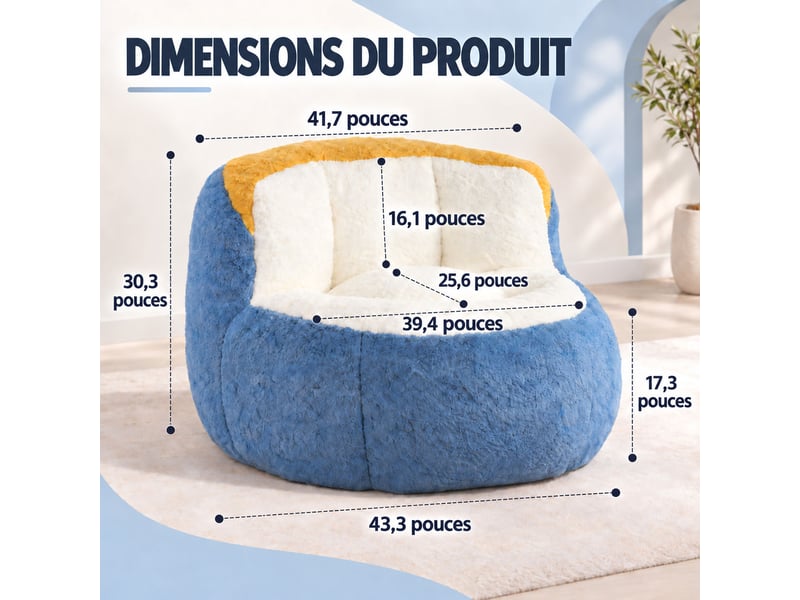  Canapé pouf géant en fausse fourrure, tissu doux respectueux de la peau, mousse déchiquetée haute résilience,bleu+blanc+jaune  - Conforama C