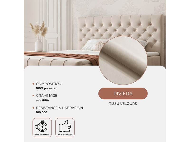 Lit adulte jolie - 180x200 cm - avec matelas à ressorts - coffre de rangement à ouverture latérale - crème JOLIE - Conforama C