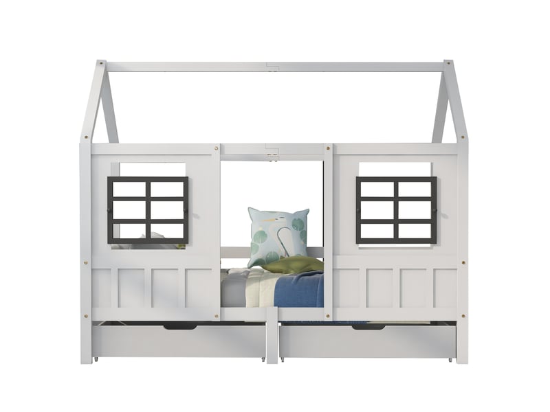  Lit cabane enfant 90x200 cm – blanc – 2 fenêtres grises et 2 tiroirs à roulettes - sans matelas  - Conforama A