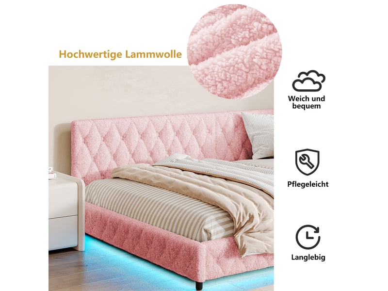  Kefsr lit d'angle 140x200 cm avec éclairage led et ports usbtype-c, lit banquette capitonné en tissu bouclette avec sommier à lattes, lit double, rose  - Conforama D