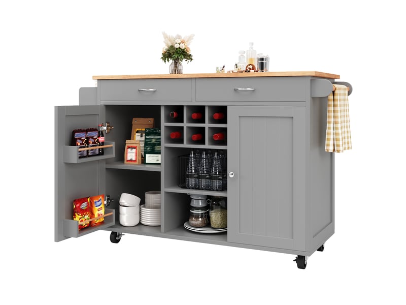  Desserte cuisine, îlot central sur roulettes avec plan de travail, range-bouteilles, dimensions 102 x 45 x 92 cm, mdf, gris  - Conforama A
