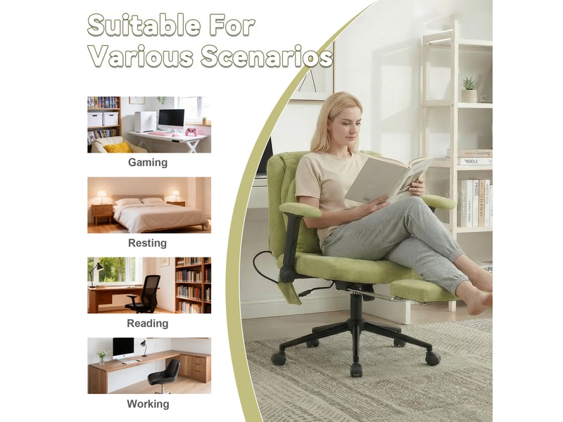  Chaise de bureau verte pivotante à hauteur réglable avec repose-pieds accoudoirs roulettes charge max 150 kg pour gaming  - Conforama E