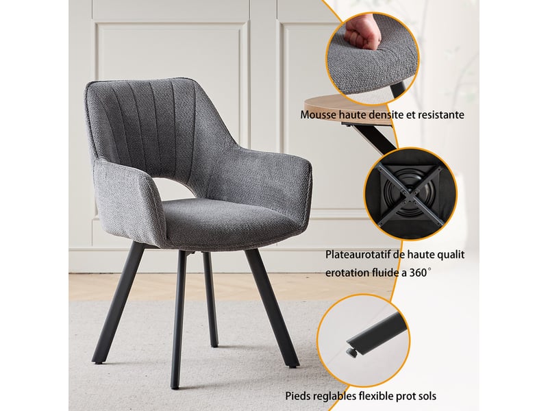Lot de 2 chaises pivotante à 360° - chaise salle à manger moderne en lin, rembourrée - gris - Conforama D