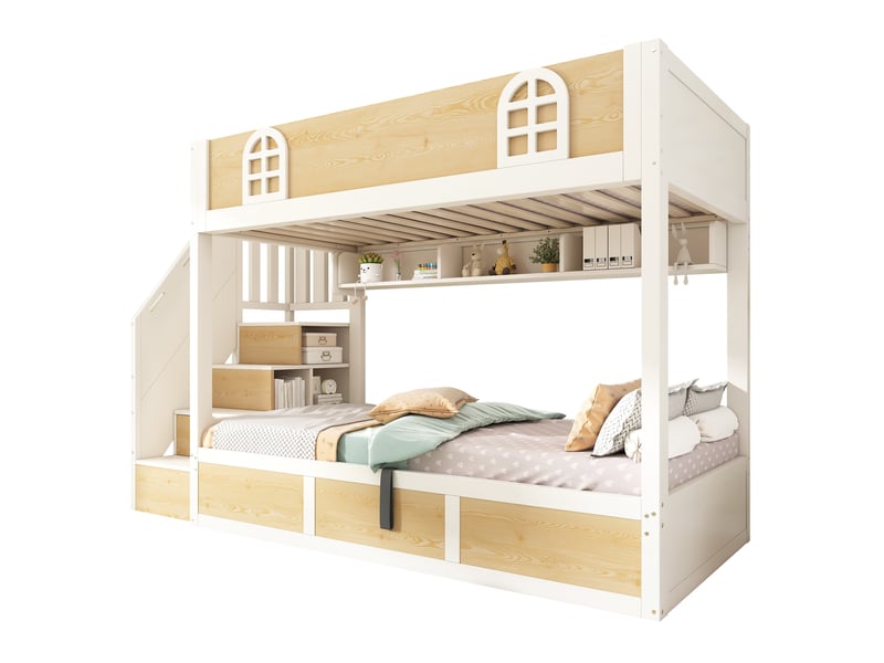  Lit superposé enfant 90x200cm, sommier, lit 2 place, escalier coffre avec rangement, bois+métal, blanc et naturel sans matelas  - Conforama A