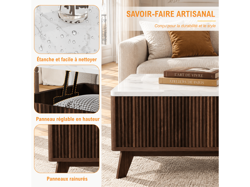  Table basse relevable salon avec rangement caché- plateau imitation marbre - panneaux cannelés verticaux  - compartiment de stockage - table basse multifonction - style scandinave mid-century - noyer  - Conforama D
