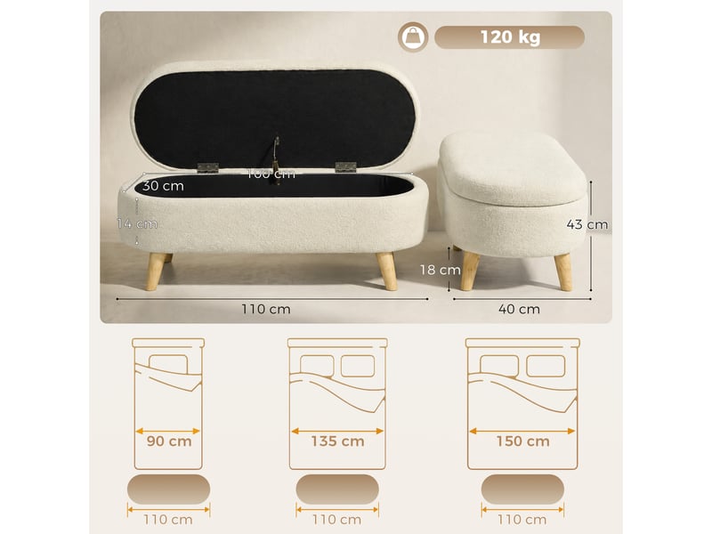  Banc banquette, bout de lit, 110l x 40p x 43h cm, coffre de rangement 2 en 1 en tissu avec pieds en bois, crème  - Conforama C