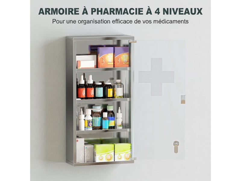 Armoire à pharmacie 3 étagères 4 niveaux 30l x 12l x 60h cm porte verre trempé symbole croix acier brossé inoxydable - Conforama W