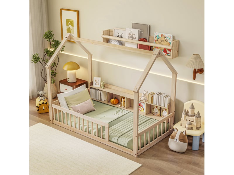 Lit cabane au sol enfant 90x200 cm coloris naturel avec barrières et rangements - Conforama B