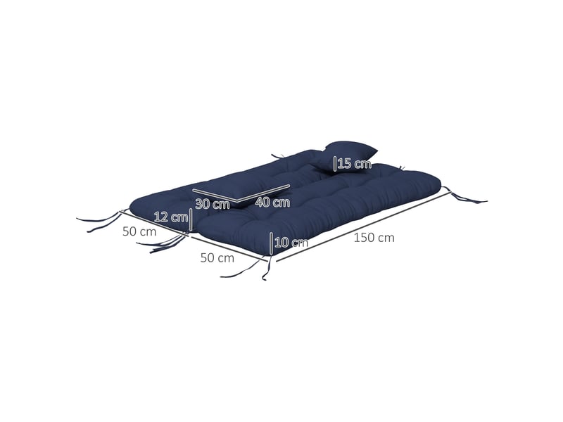 Ensemble de 4 coussins d'assise, 150 x 50 cm, coussins de chaise déperlants avec attaches, 10 cm d'épaisseur, bleu marine - Conforama E