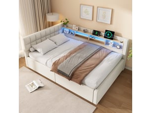 Canapé-lit coffre 140x200cm - avec lumière led - avec étagères et port usb - beige (matelas non inclus)