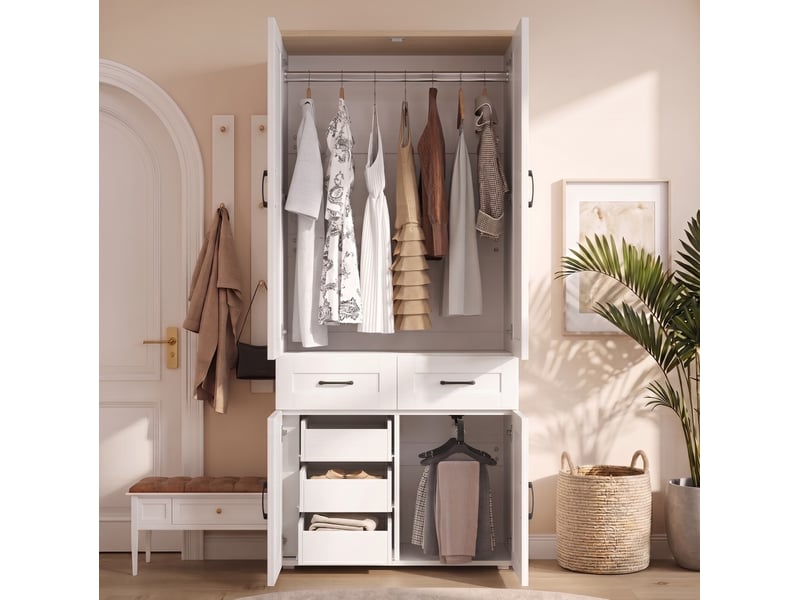  Armoire à portes battantes 90x50x200 cm avec 4 portes, 2 barres et 5 tiroirs, blanche  - Conforama W