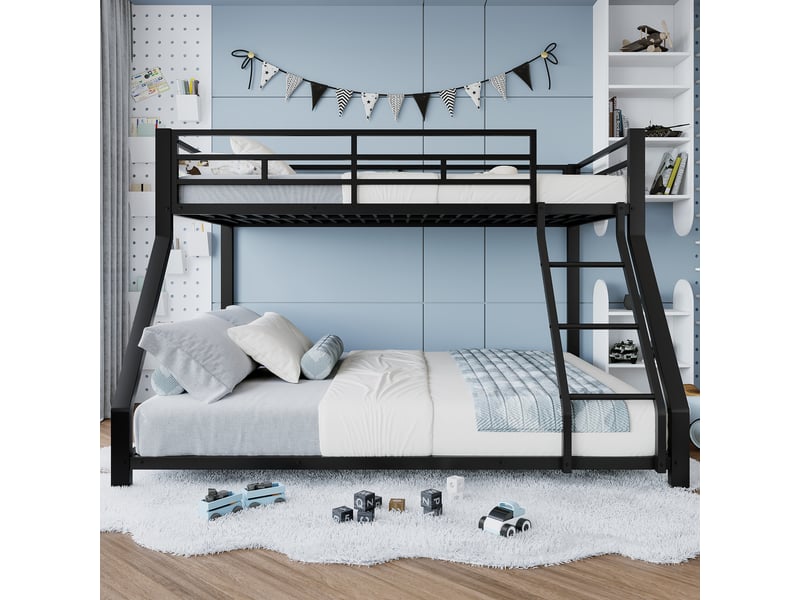  Lit superposé 90x200 cm – 2 couchages 90x200 et 140x200 avec échelle et barrières – métal – noir CozyNest - Conforama B
