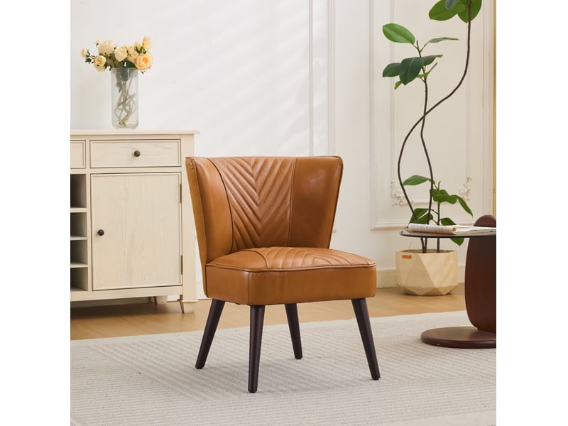 Fauteuil de salon avec surpiqûres diagonales et structure stable en cuir et bois d'hévéa marron clair 62 × 58 × 49 cm - Conforama B