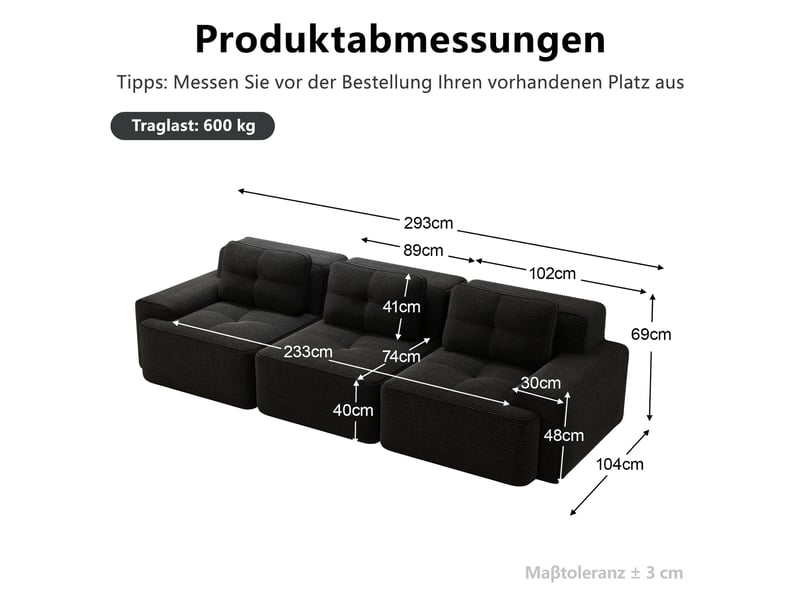  Canapé d'angle, canapé modulable – 3 places, en velours tricoté, sans montage, noir, sans cadre, style cloud  - Conforama D