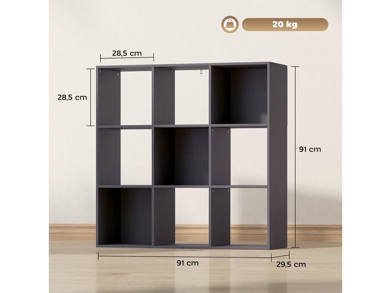  Bibliothèque, étagère de rangement à 3 niveaux avec 9 compartiments, pour salon, bureau, chambre, 91x29,5x91cm, gris  - Conforama E