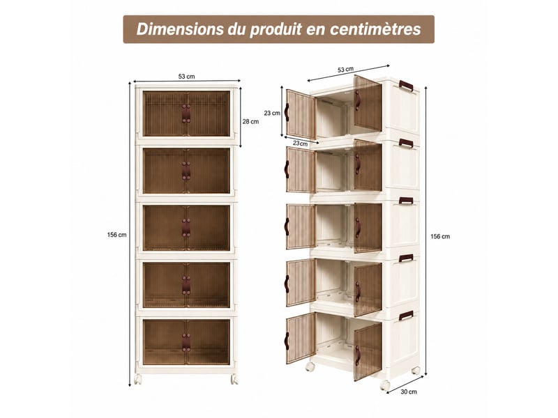  Meuble de rangement pliable 5 53x30x156 cm,porte magnétique transparente et 4 roulettes multidirectionnelles,aux chambres salon  - Conforama C