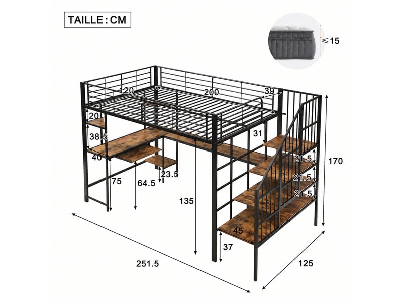  Lit mezzanine 200x120 cm, lit simple en métal avec bureau, tablette pour clavier et prise de charge, sans matelas  - Conforama D