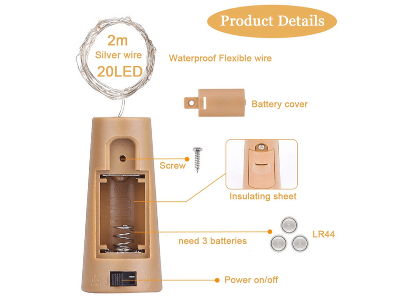  10 pièces 20 led 2m lumières pour bouteilles, blanc chaud, lumière de bouteille de vin, lumières d'ambiance  - Conforama B