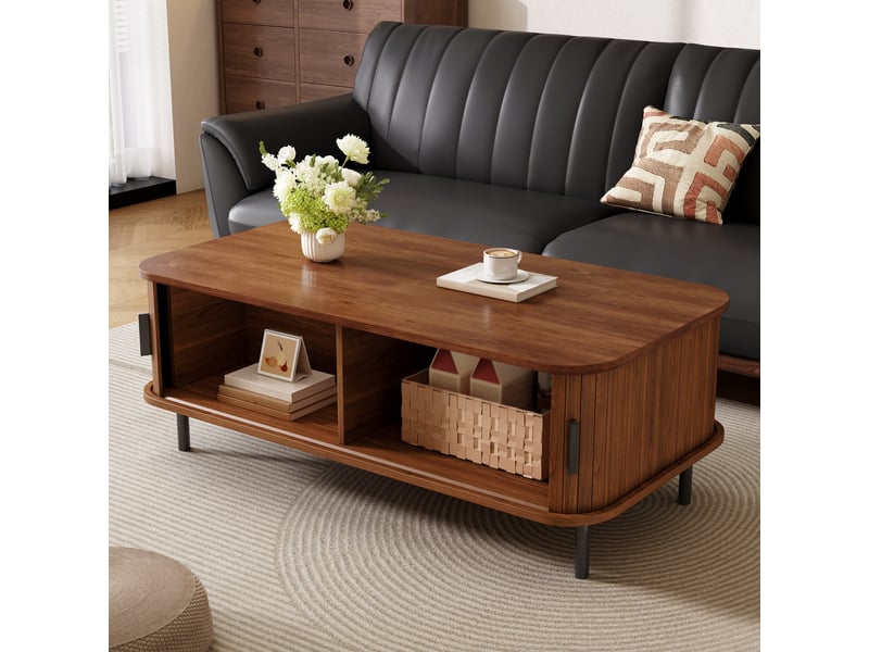 Table basse 100×50×45 cm en mdf et particules, avec deux portes coulissantes, décor à lattes verticales, bords arrondis - Conforama E