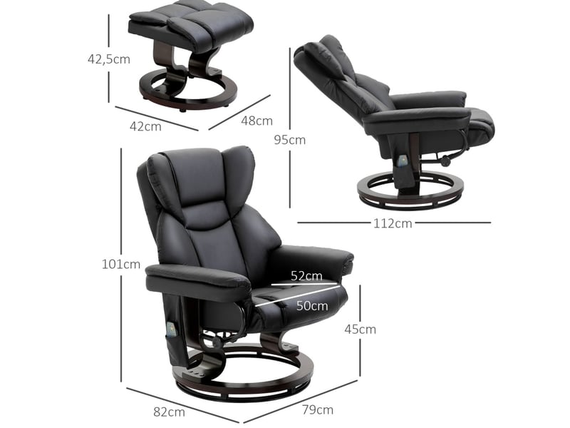  Fauteuil relax massant inclinable 79 x 82 x 101 cm – noir – pivotant 360° avec repose-pieds assorti  - Conforama C