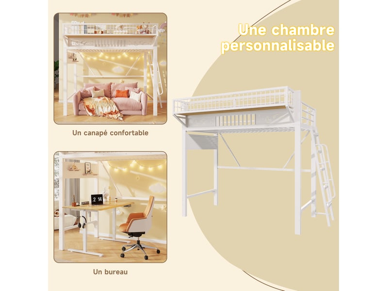  Lit mezzanine 90 × 200 cm 1 place avec rangements, espace ouvert et escalier réversible, sans matelas, métal blanc  - Conforama E