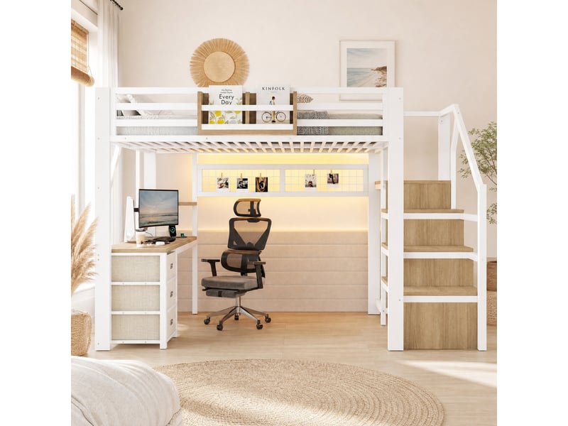  Lit mezzanine 2 places 200 × 140 cm, 3 tiroirs, bureau, rangements et led, sans matelas, métal blanc  - Conforama C