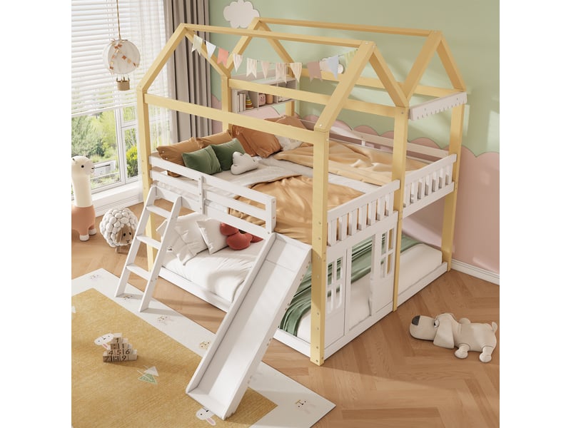  Lit enfant 90x200 cm avec toboggan et échelle, lit maison blanc et bois naturel, lit de jeu semi-haut avec porte  - Conforama E