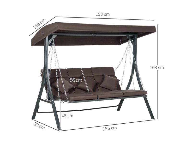  Banc de jardin 3 places, banc d'extérieur balancelle avec toit pare-soleil réglable, coussins, métal et texteline, 270 kg, marron  - Conforama B