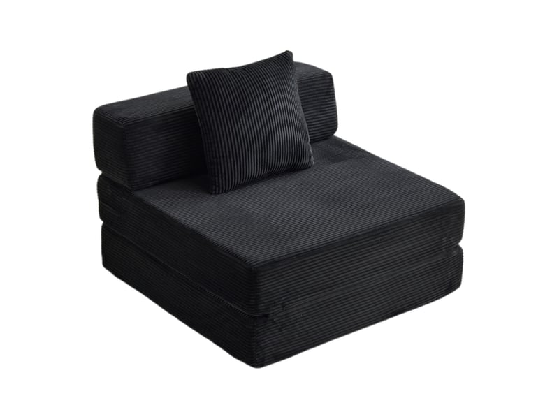  Canapé convertible au sol 1 place pliable avec coussin de dossier et accoudoirs en velours côtelé noir  - Conforama A