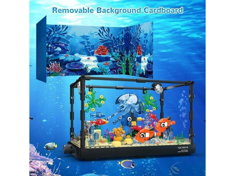  Set de construction aquarium 725 pieces avec 2 led, fond oceanique amovible et animaux marins mobiles  - Conforama E