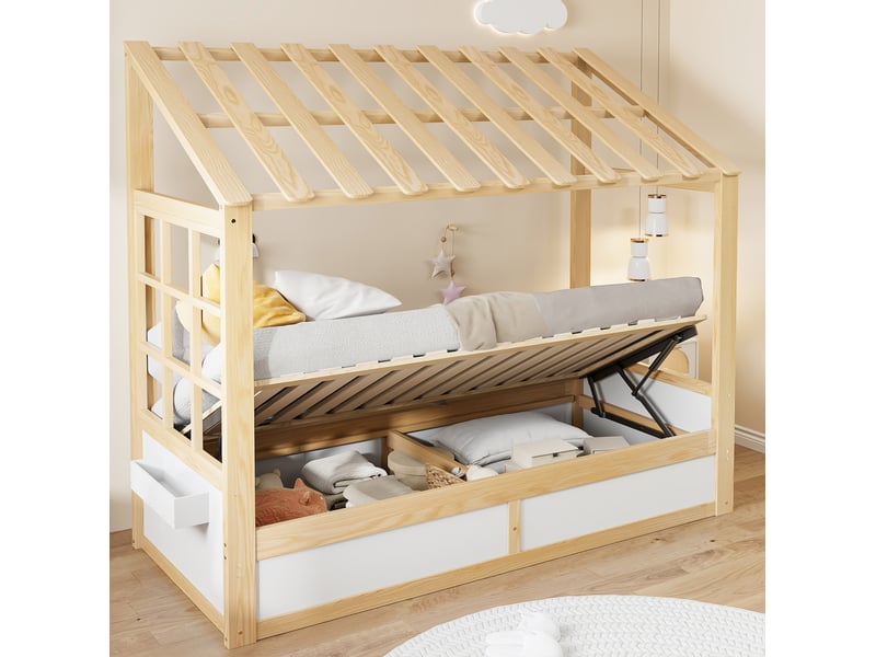  Lit cabane enfant modenvie 90 x 200 cm avec toit, fenêtre et rangement hydraulique, bois, blanc et naturel  - Conforama D