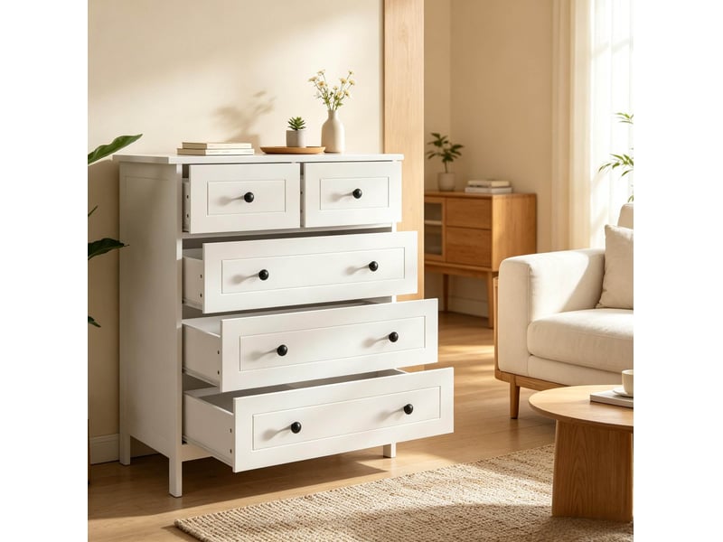  Commode blanche à 5 tiroirs 74 x 40 x 91 cm avec plateau de rangement, mdf et panneaux de particules  - Conforama C