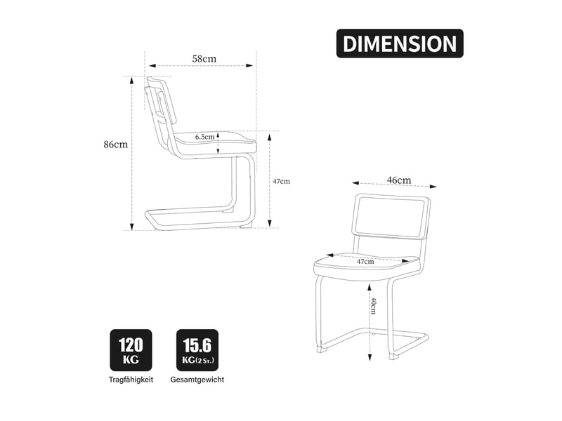 Lot de 2 chaises de salle à manger 47x58x86cm - cushion for kitchen, living room, bedroom - synthetic cane back & chenille seat - metal frame - noir - Conforama C