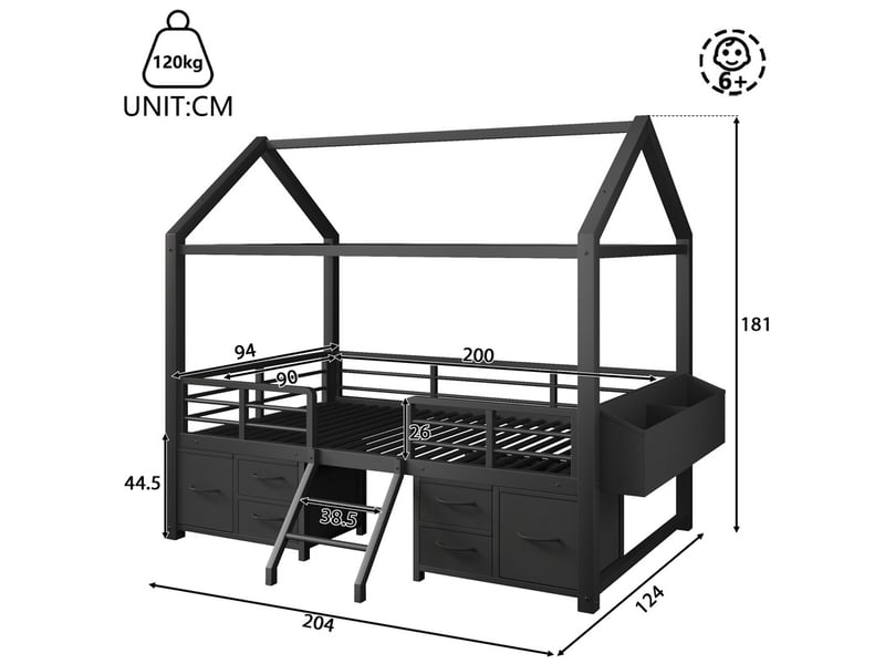 Lit enfant 90x200 cm avec toit - éclairage led - lit cabane avec 6 tiroirs en tissu et rangements - métal - noir (sans matelas) - Conforama C