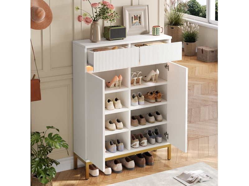  Meuble à chaussures 80x35x103 cm – blanc – 2 tiroirs, 2 portes, led intégrée et étagères réglables  - Conforama B