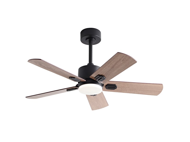  Ventilateur de plafond avec lumière 107x107x45 cm télécommande 6 vitesses réversible métal bois noir et noyer foncé  - Conforama B