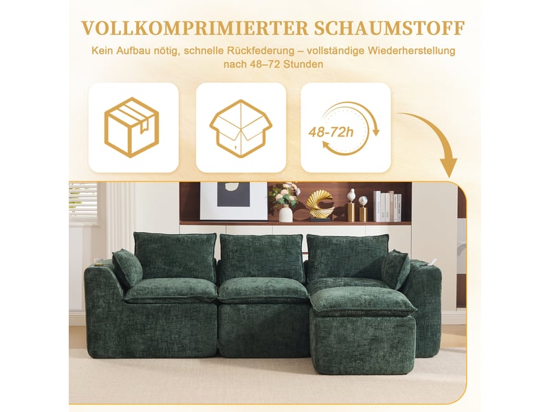  Canapé modulable compression d'angle en l,256x161x75cm,velours côtelé,canapé 3 places avec pouf,porte-gobelets,poches latérales,sans montage,vert  - Conforama E