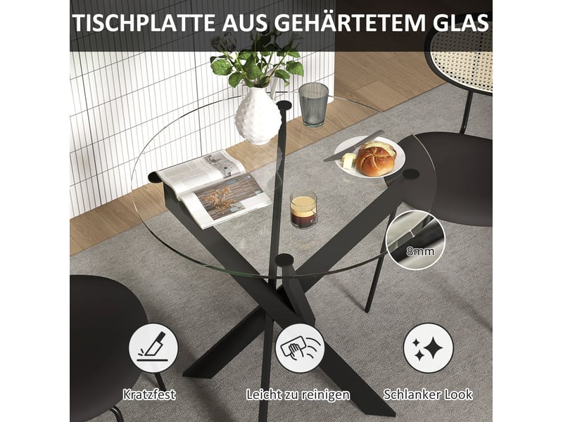  Table de salle à manger ronde pour 4 personnes avec plateau en verre trempé et pieds métalliques, pour cuisine, ø70 × 75 cm  - Conforama E