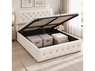 Lit coffre 2 places 140x200 cm, lit adulte avec rangement, tête de lit réglable, velours beige