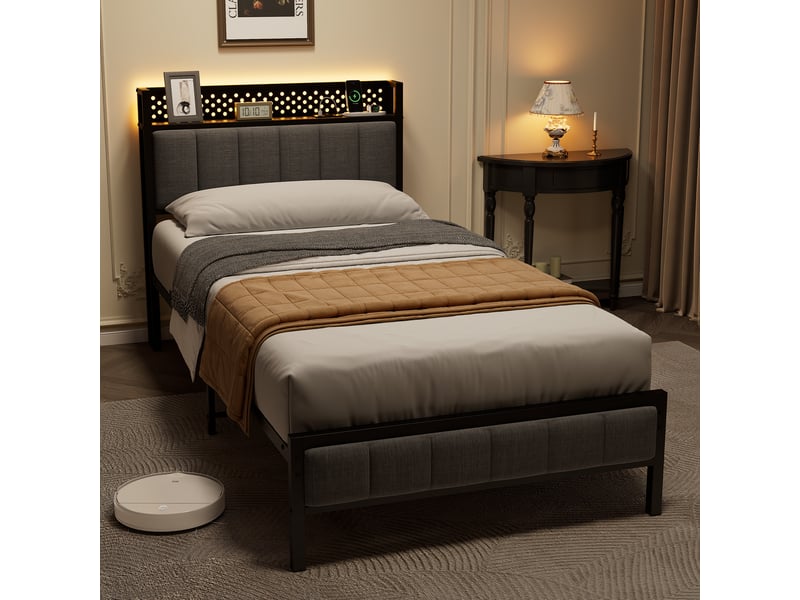  Lit simple en métal avec usb, ports de charge et étagère, couchage 90 x 200 cm, sans matelas, noir  - Conforama C