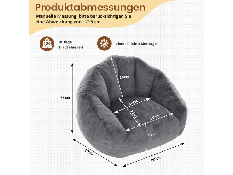  Fauteuil pouf adulte 111x123x75 cm en fausse fourrure, mousse haute densité, compressé sous vide, sans montage, siège lounge gris clair  - Conforama C