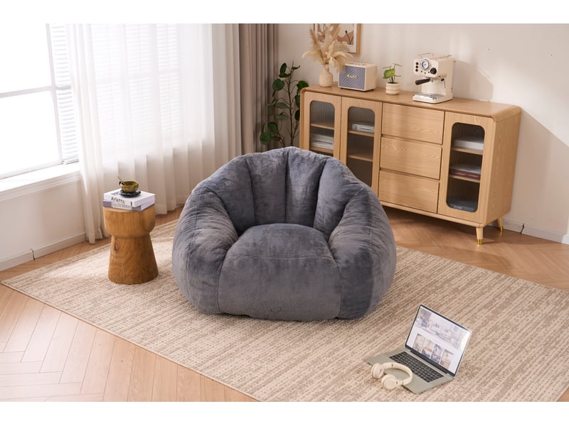  Fauteuil pouf en peluche avec dossier ergonomique, mousse haute densité et housse en fausse fourrure, gris  - Conforama D