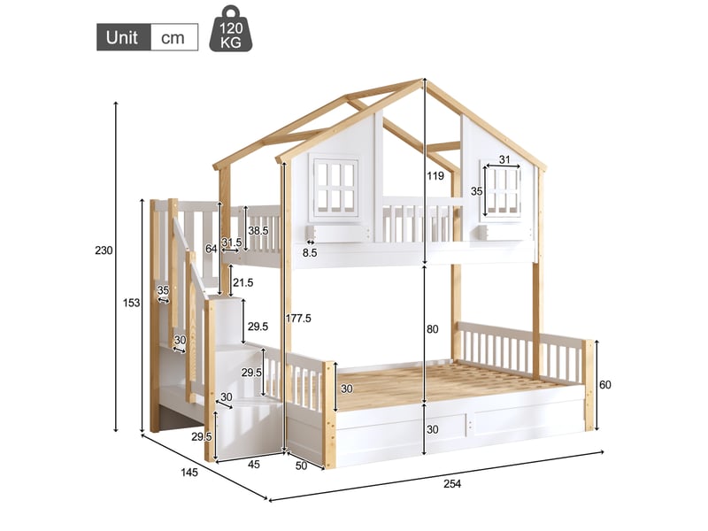  Lit superposé enfant 90x200 + 140x200 cm – blanc et naturel – escalier de rangement, led et coffre hydraulique  - Conforama C