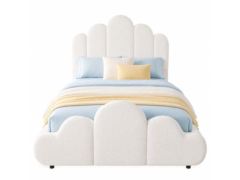  Lit enfant 90 × 200 cm 1 place avec tête de lit rembourrée et coins arrondis, sans matelas, en bouclette beige  - Conforama A