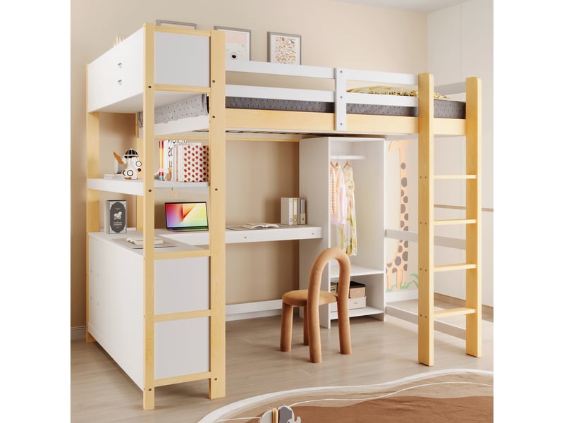  Lit mezzanine 140x200 cm avec bureau, étagères, armoire, sans matelas, naturel, rangement pour enfant sûr  - Conforama C