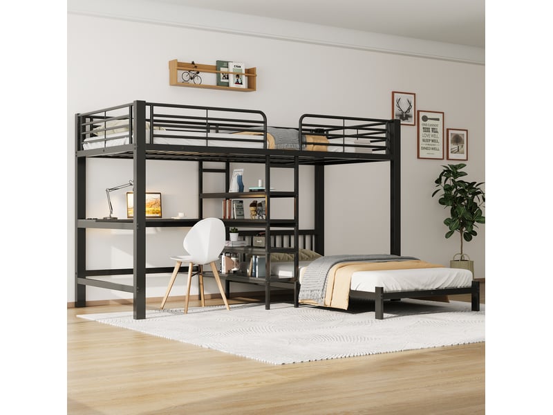 Lit mezzanine 2 couchages 90 x 200 cm avec bureau, rangements et prises, noir - Conforama C