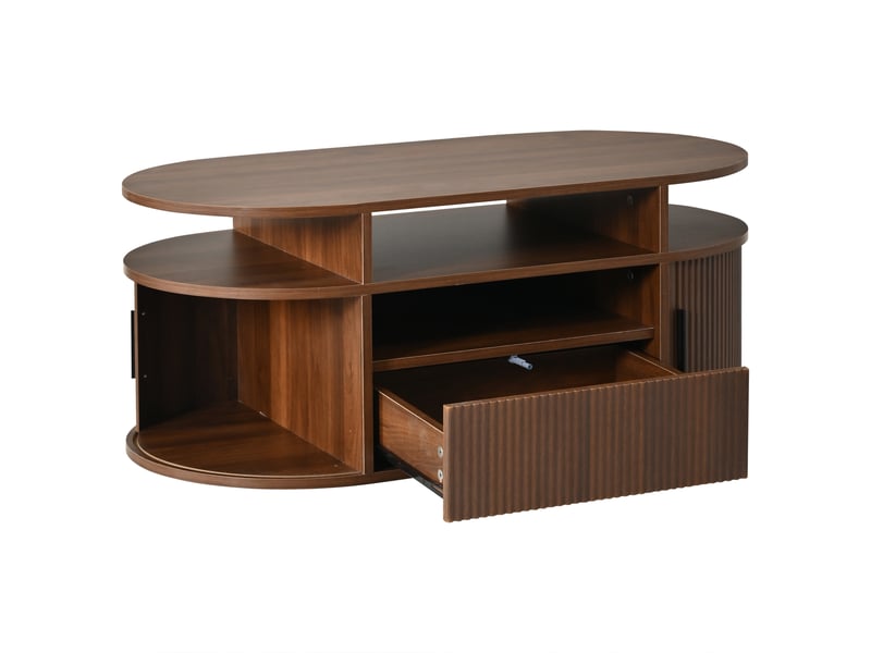  Table basse ovale 100x50 cm, bois foncé, avec tiroir push-to-open et portes à rideau, table basse style rétro.  - Conforama A