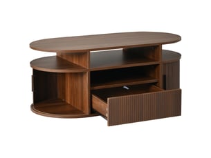 Table basse ovale 100x50 cm, bois foncé, avec tiroir push-to-open et portes à rideau, table basse style rétro.