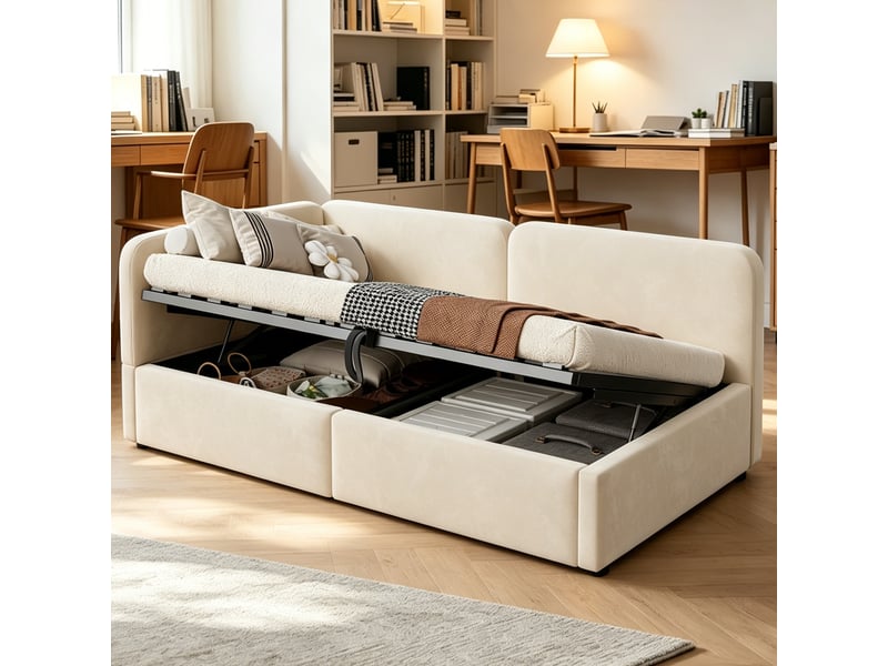  Lit banquette simple 90×200 cm coffre hydraulique, dossier réversible  - sans matelas, velours beige  - Conforama B