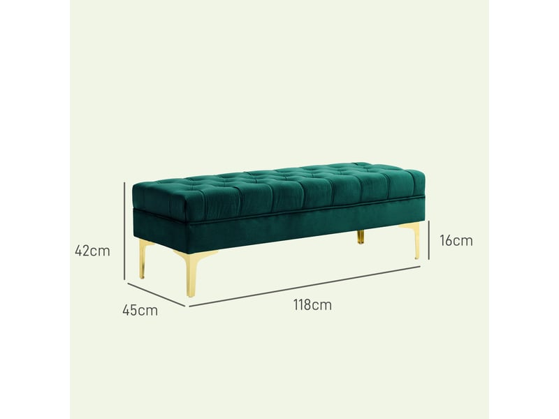  Banc de lit rembourré avec revêtement en tissu matelassé effet velours, 118 x 45 x 42 cm, vert foncé  - Conforama E